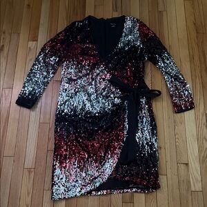 City Chic Sequin Wrap Dress in Red and Silver